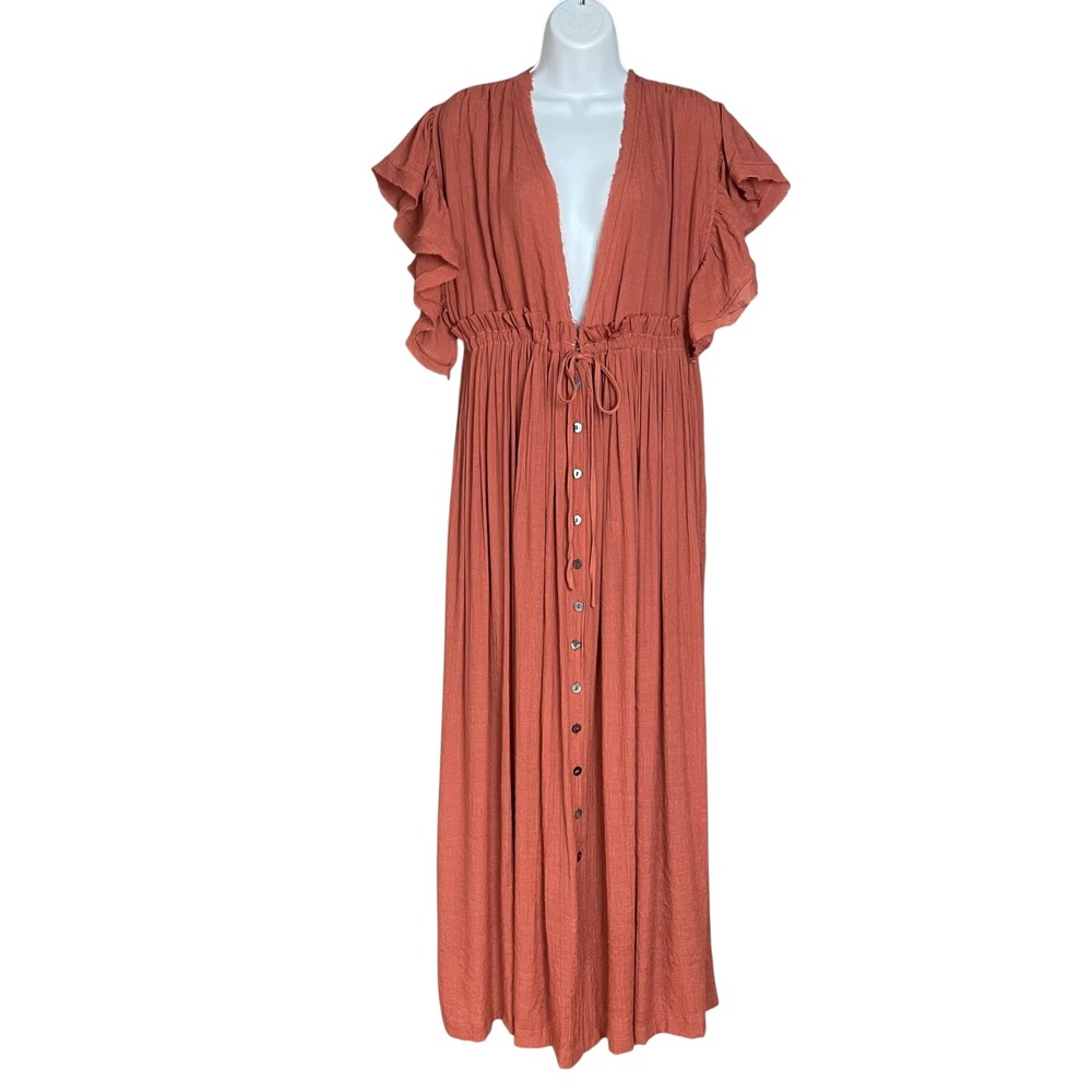 Flawless Maxi Dress Plunging V-Neck Ruffle Sleeve Boho Women Large Rust Brown - Picture 3 of 16